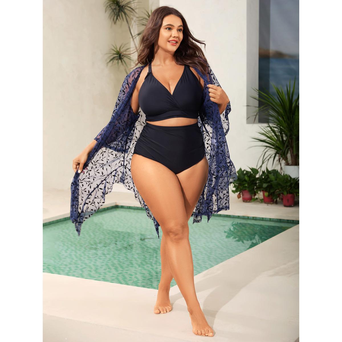 Plus Size Sheer Jacquard Asymmetrical Hem Kimono Women Indigo See through Loose Vacation Kimonos BloomChic 30/6X Product Image