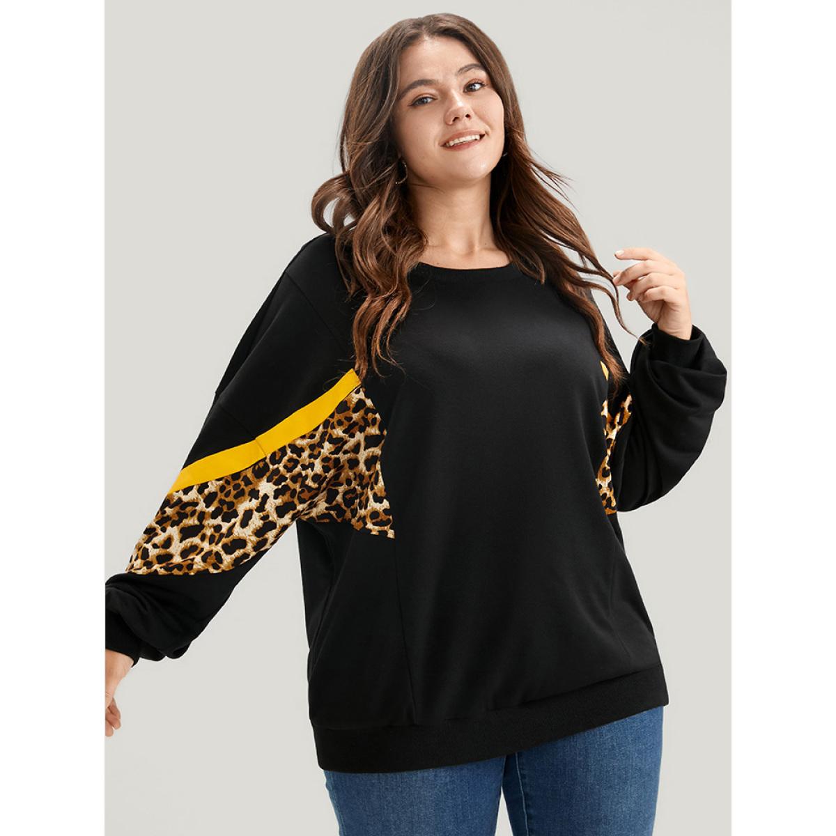 Plus Size Leopard Patchwork Contrast Lantern Sleeve Sweatshirt Women Black Casual Contrast Round Neck Dailywear Sweatshirts BloomChic 10/M Product Image