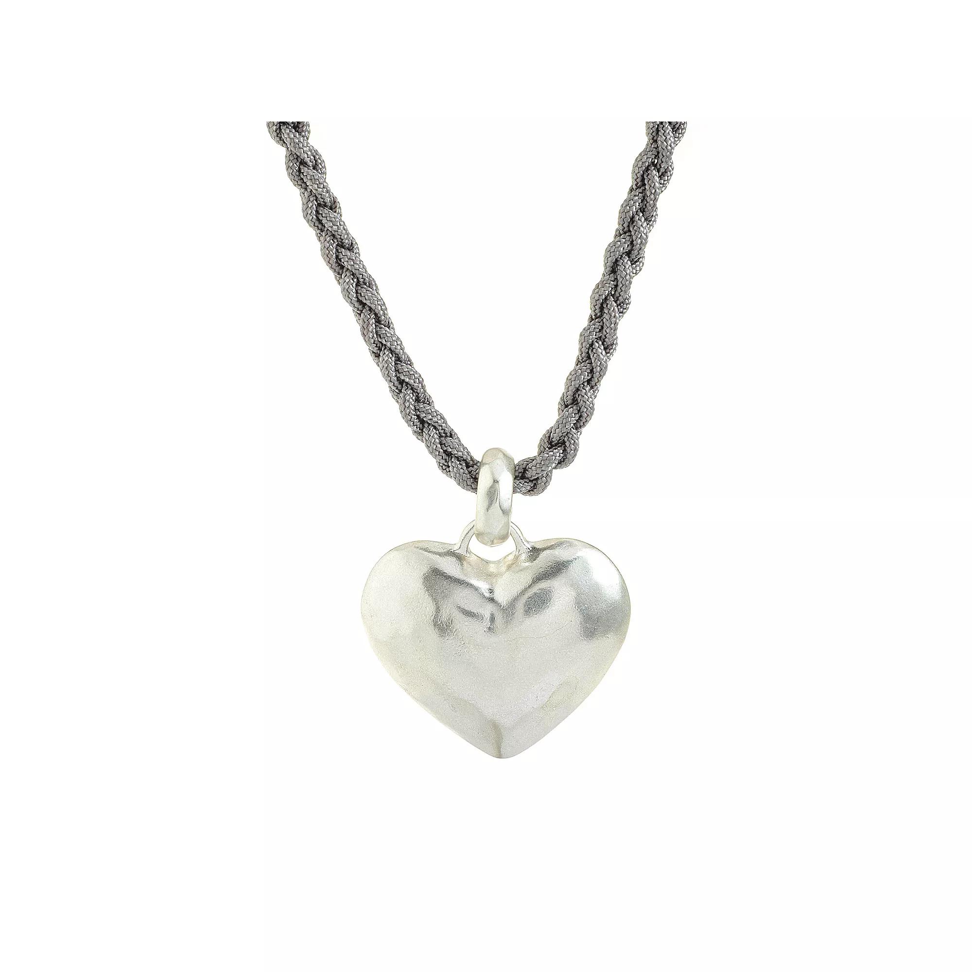 Bella Uno Worn Silver Braided Cord Hammered Metal Heart Pendant Necklace, Women's, Size: 17-19" ADJ, Silver Tone Product Image