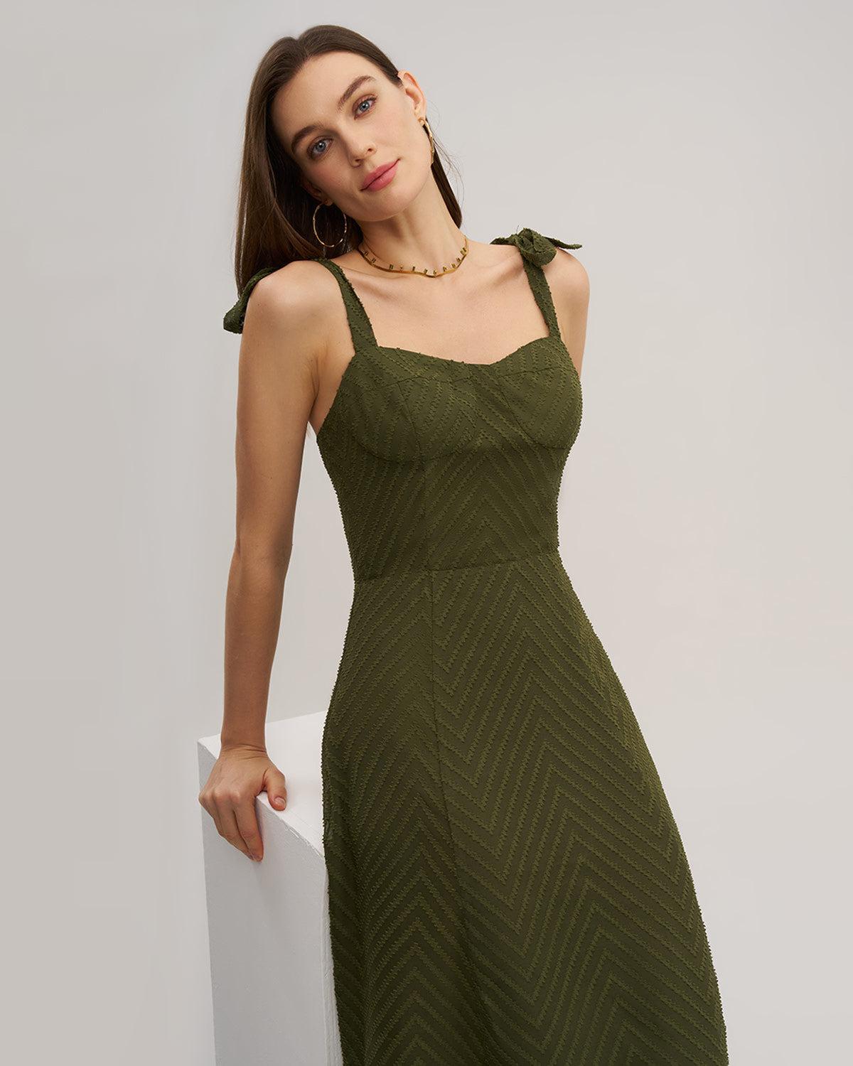 Green Sweetheart Neck Tie Strap Midi Dress Product Image