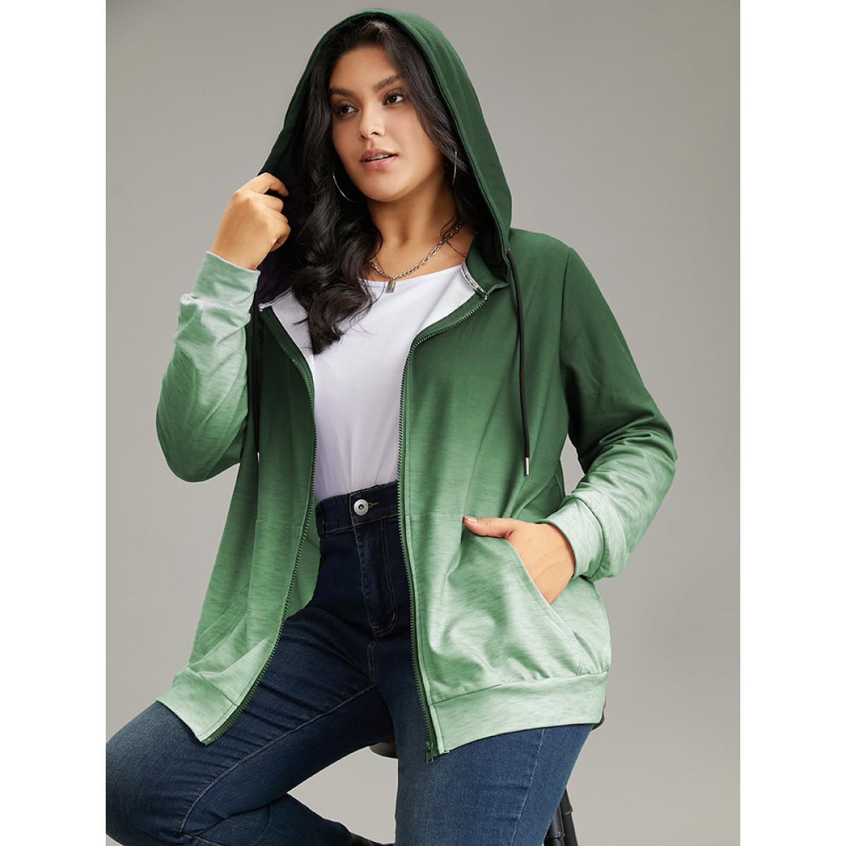 Plus Size Ombre Hooded Zipper Drawstring Sweatshirt Women DarkGreen Casual Zipper Hooded Everyday Sweatshirts BloomChic 26/4X Product Image