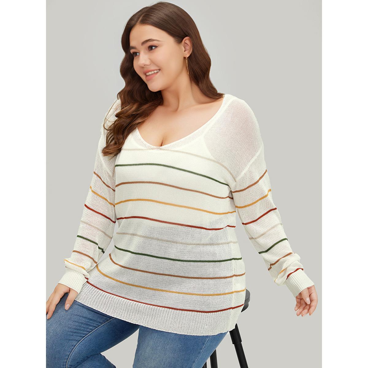 Plus Size Rainbow Striped Mesh Lightweight Pullover Multicolor Women Casual Loose Long Sleeve Open Front Everyday Pullovers BloomChic 28/5X Product Image