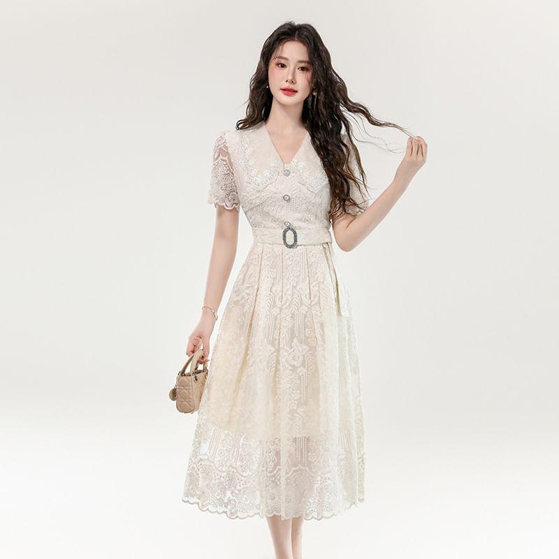 Short Sleeve V-Neck Plain Embroidered Belted Button Midi A-Line Dress Product Image