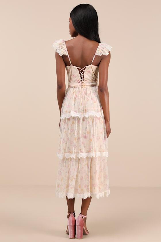 Dolora Blush Floral Bustier Tiered Midi Dress Product Image