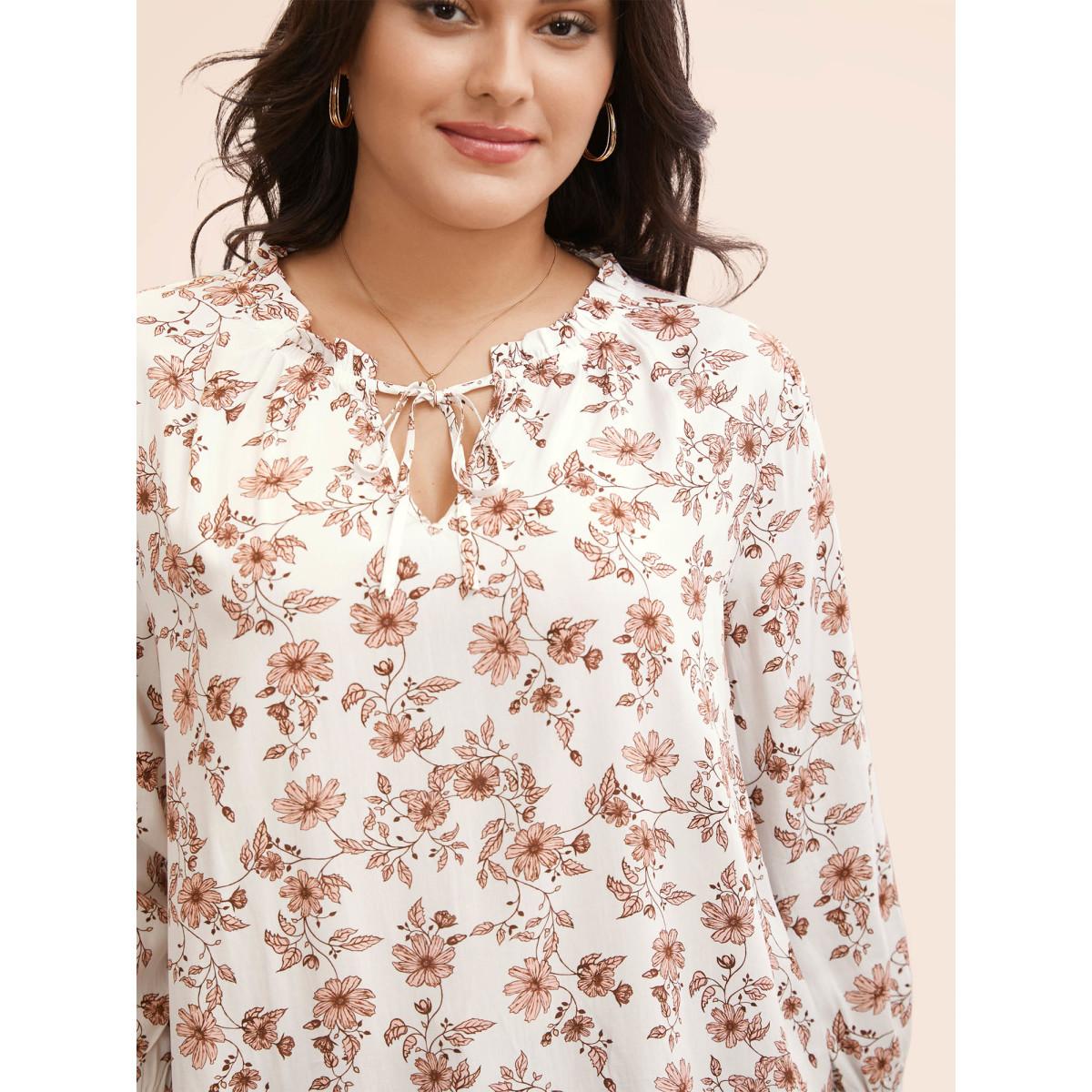 Plus Size Multicolor Floral Tie Knot Ruffle Trim Blouse Women Elegant Long Sleeve V-neck Everyday Blouses BloomChic 22-24/3X Product Image