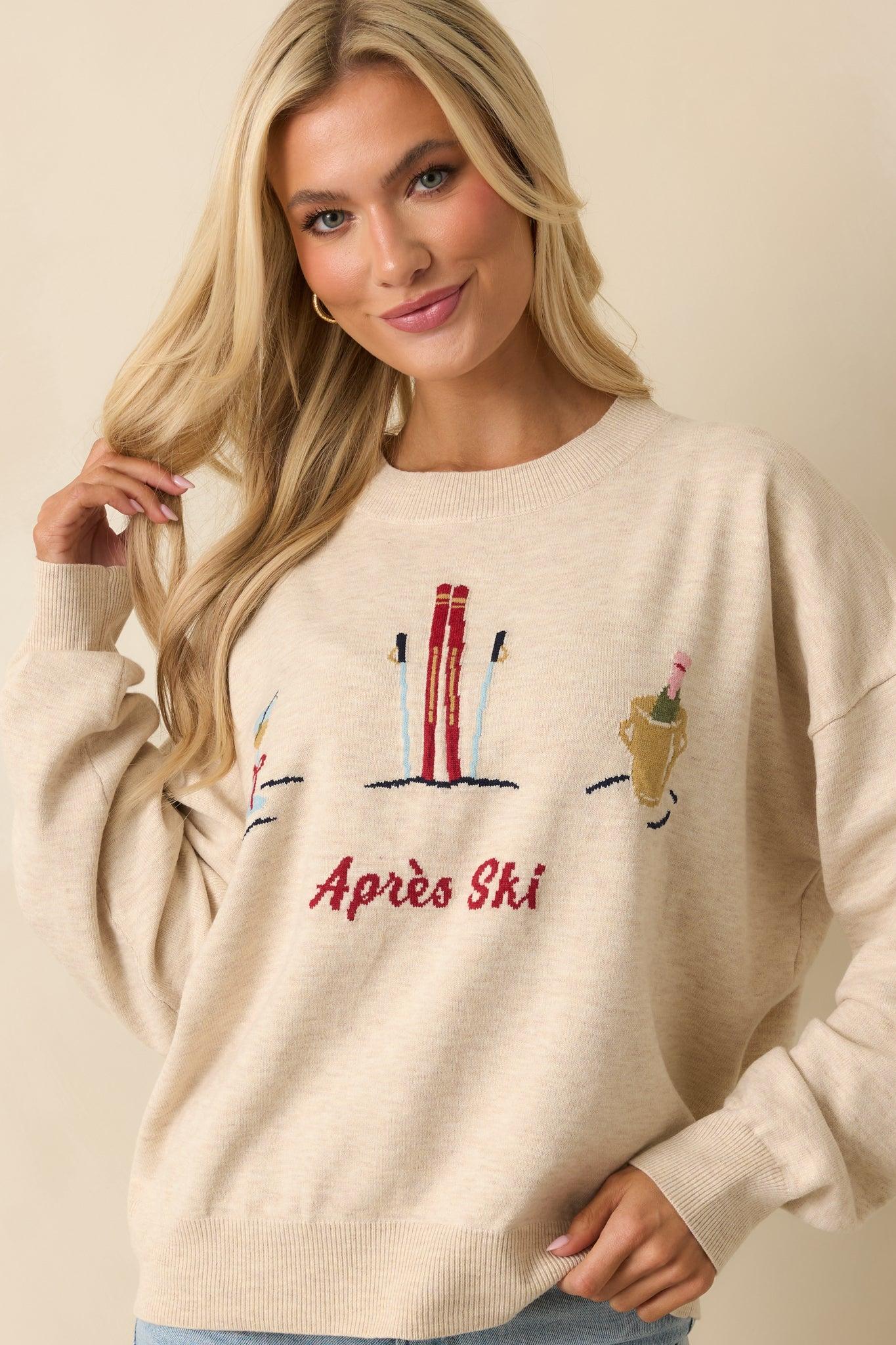 Sips After Slopes Heathered Oatmeal Après Ski Crewneck Sweater Product Image