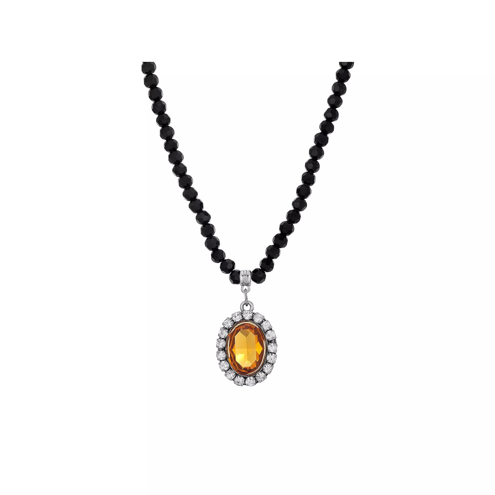 1928 Silver Tone Crystal Black Beaded Necklace, Women's, Purple Product Image