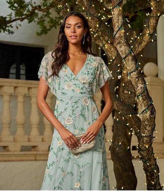 Adrianna Papell V-Neck Flutter Sleeve Floral Beaded Mesh Hi-Lo Gown Product Image