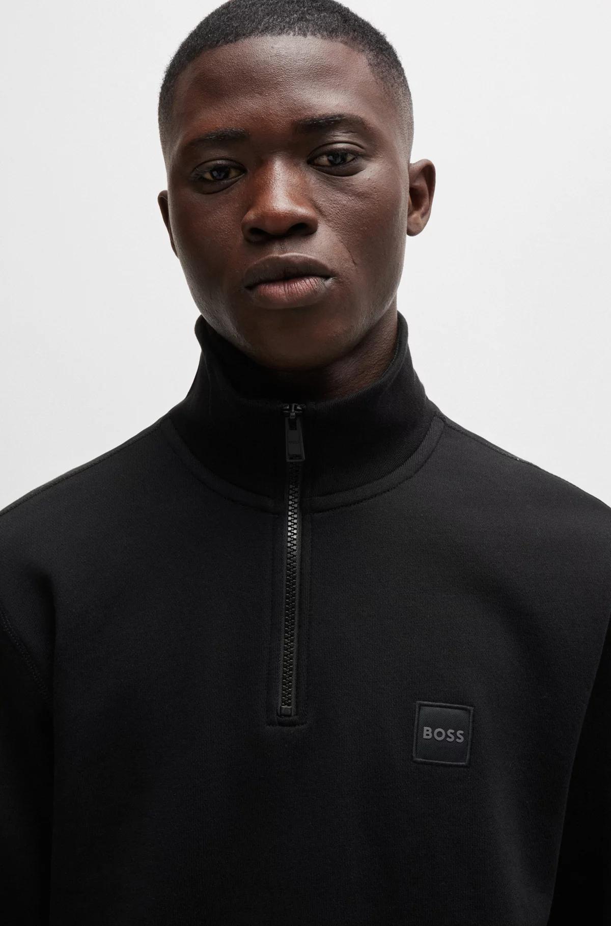 Boss- Cotton Terry Zip-Neck Sweatshirt with Logo Patch Product Image