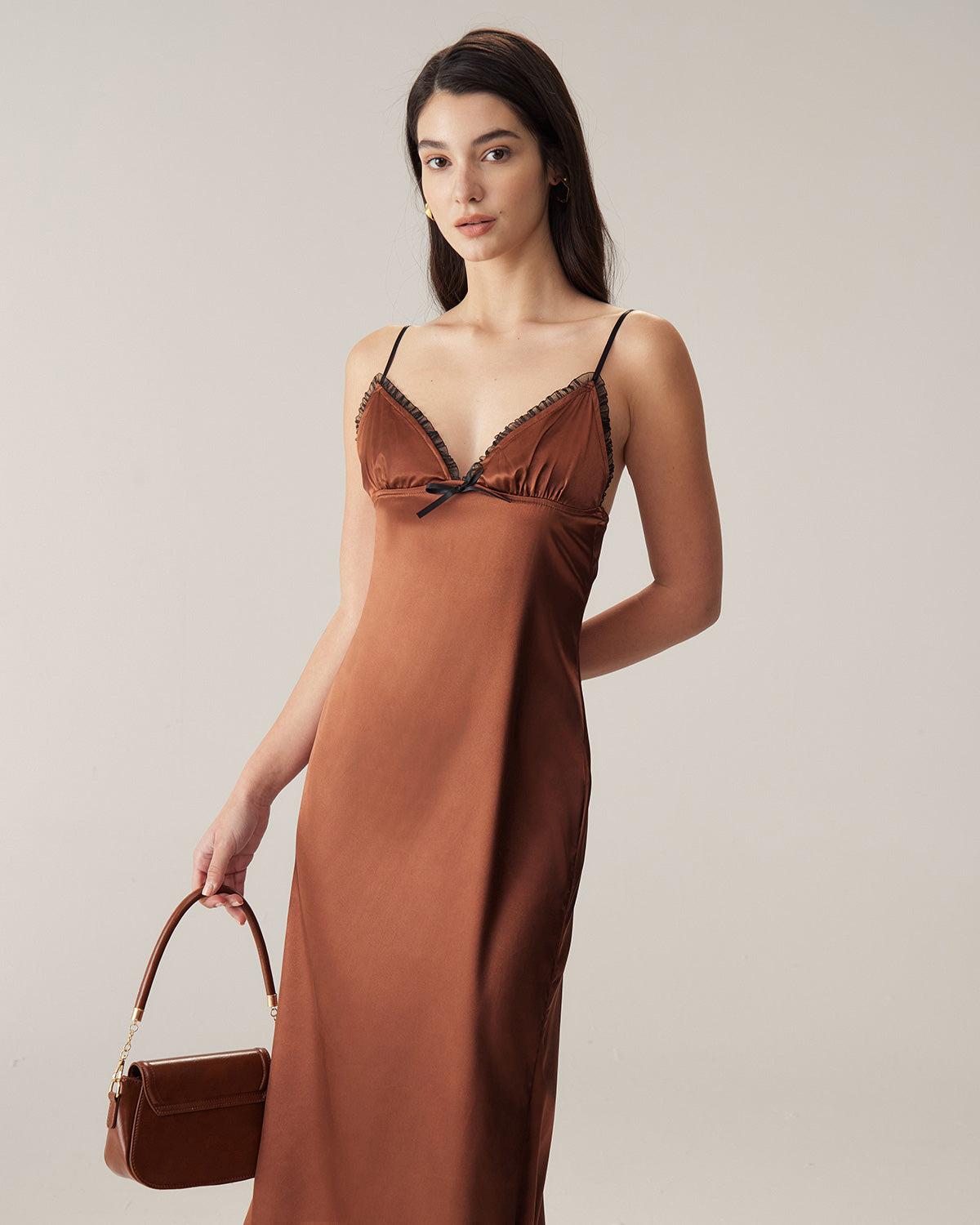 Brown Chiffon V Neck Slip Maxi Dress Product Image