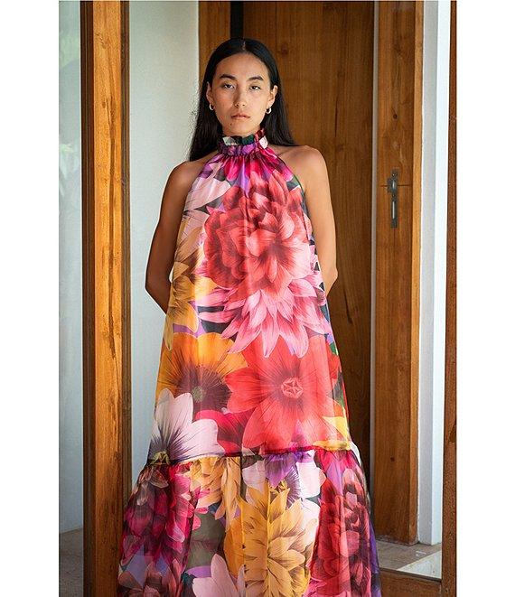 COREY LYNN CALTER Avalon Floral Organza Halter Neck A-Line Ruffle Hem Sleeveless Midi Dress Product Image