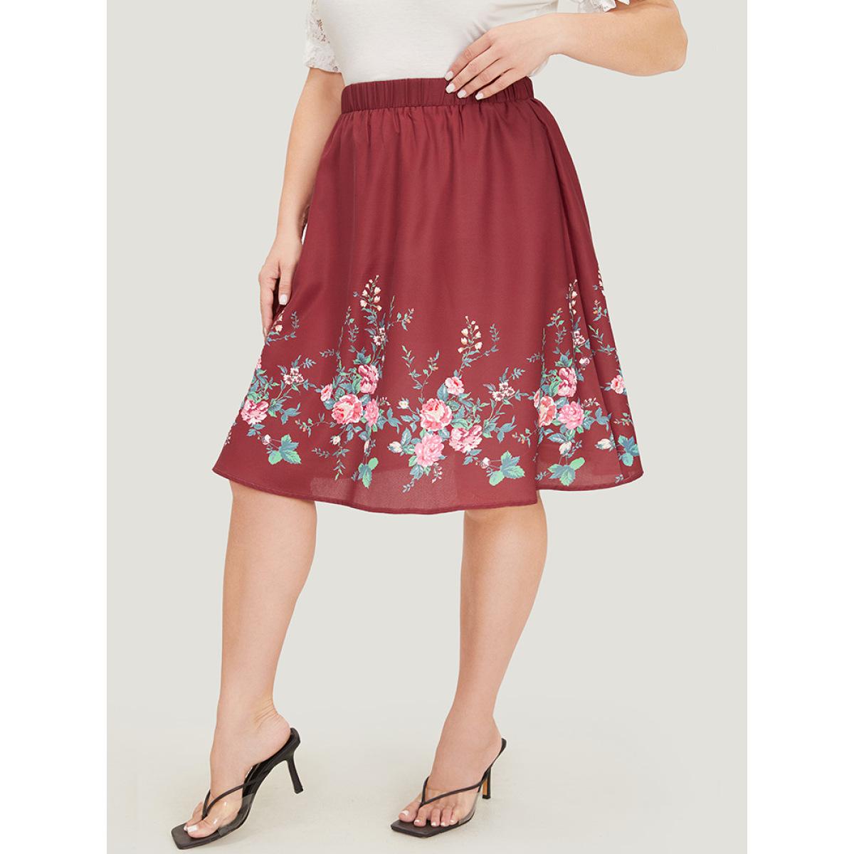 Plus Size Floral Print Pocket Flutter Hem Skirt Women Burgundy Elegant Printed No stretch Pocket Dailywear Skirts BloomChic 28/5X Product Image