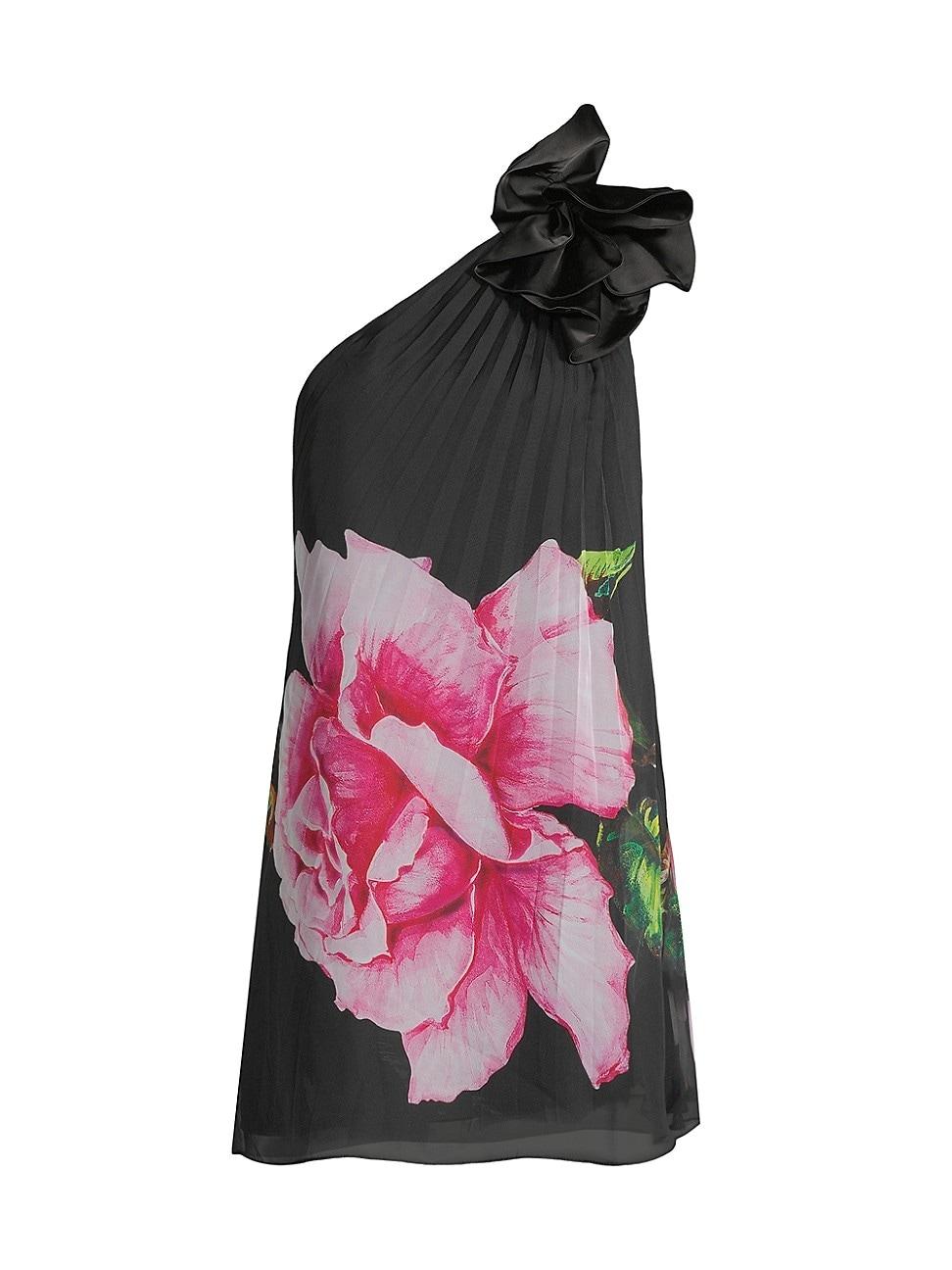 Womens Floral Graphic Pleated Chiffon One-Shoulder Minidress Product Image