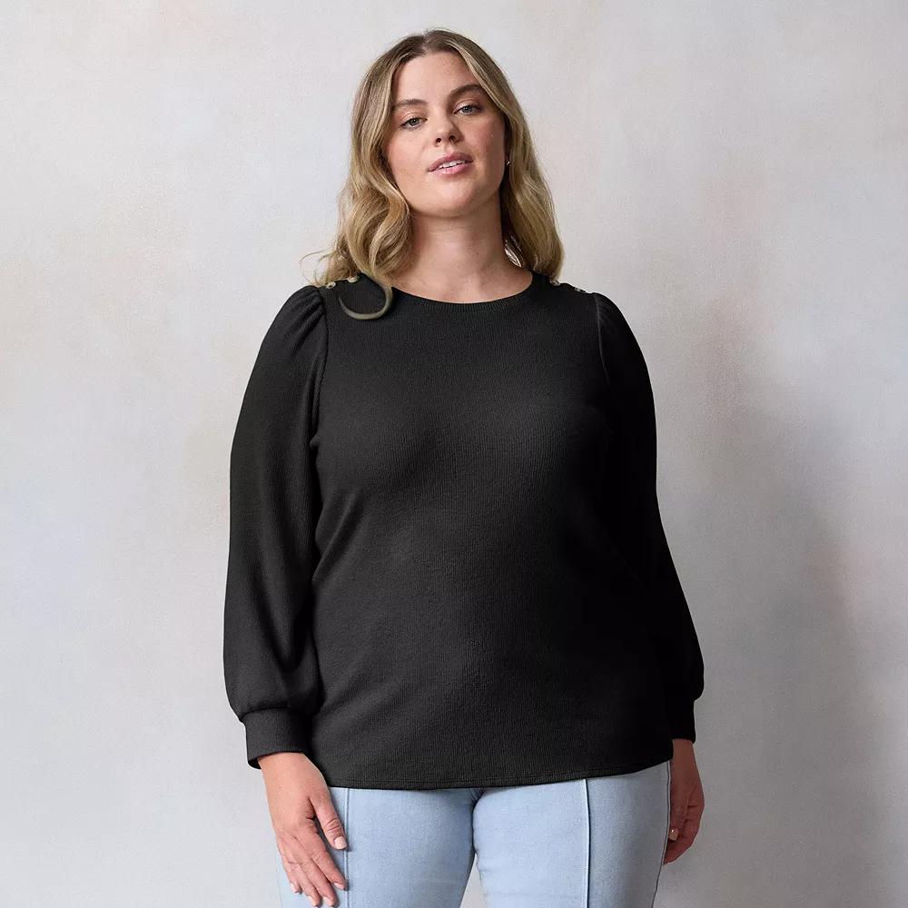 Plus Size LC Lauren Conrad High Cuff Crewneck Top, Women's, Size: 0X, Black Ore Product Image