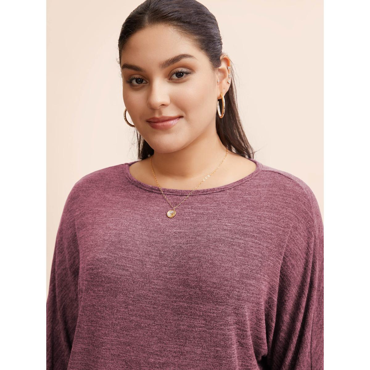 Plus Size Plain Heather Elastic cuffs Dolman Sleeve T-shirt Russet Women Casual Elastic cuffs Plain Round Neck Everyday T-shirts BloomChic 30/6X Product Image