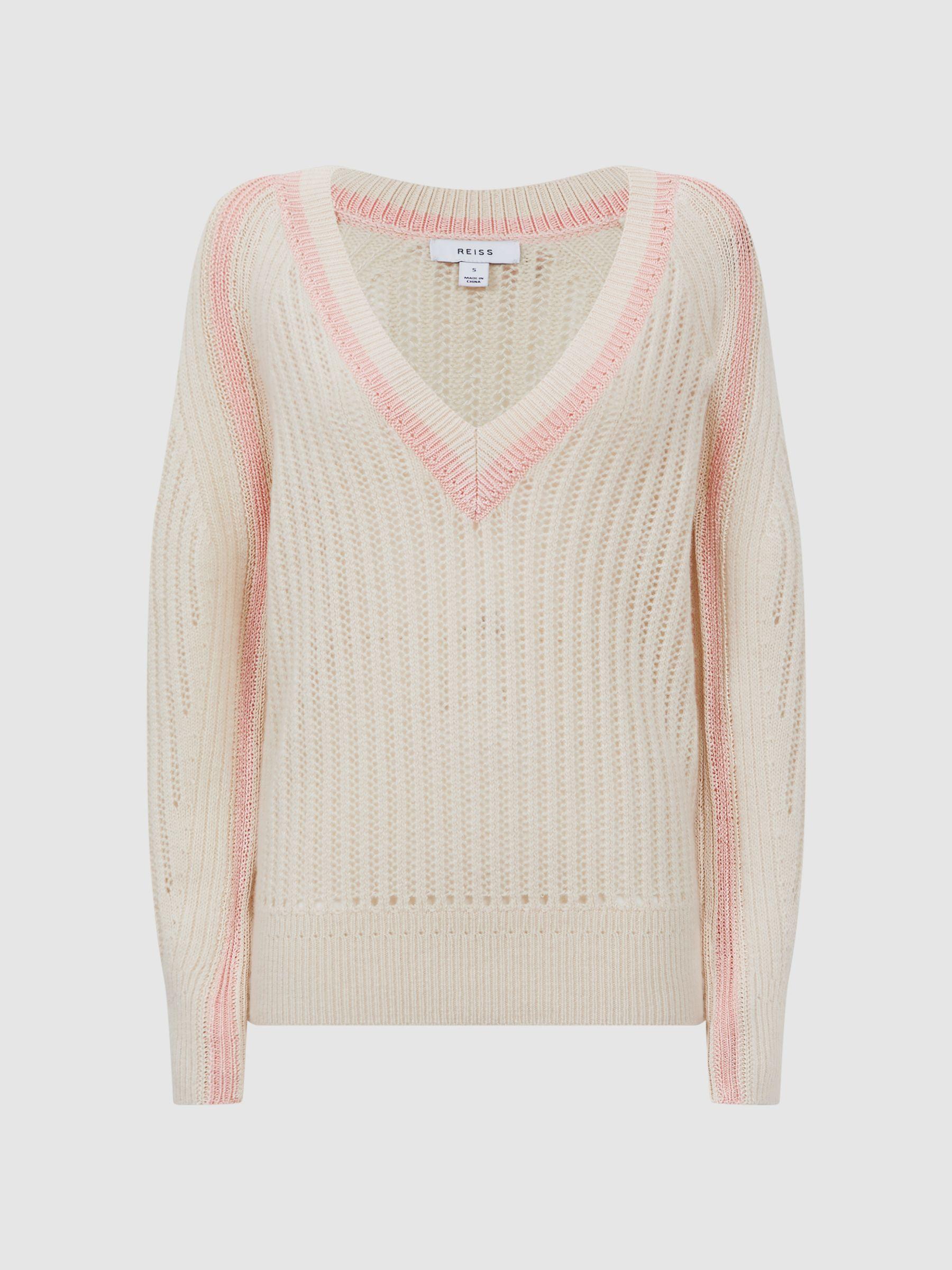 Wool Blend Knitted V-Neck Jumper in Cream/Nude Product Image