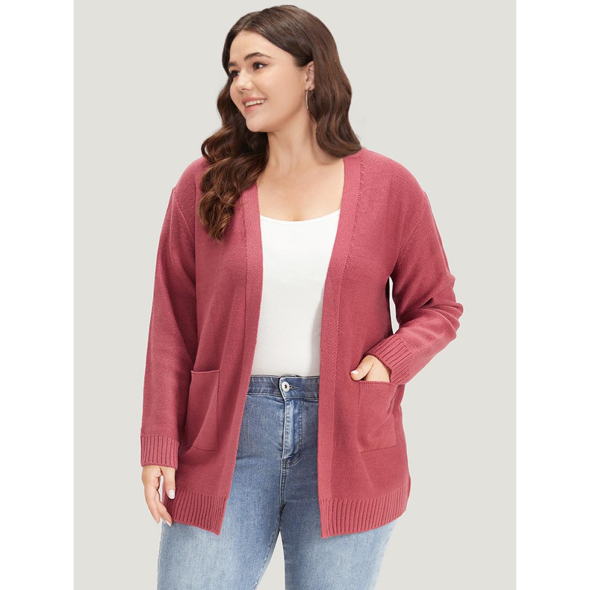 Plus Size Solid Patched Pocket Open Front Long Sleeve Cardigan Russet Women Casual Loose Long Sleeve Everyday Cardigans BloomChic 22-24/3X Product Image