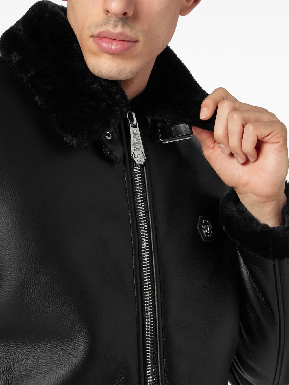 logo-patch faux-leather bomber jacket Product Image