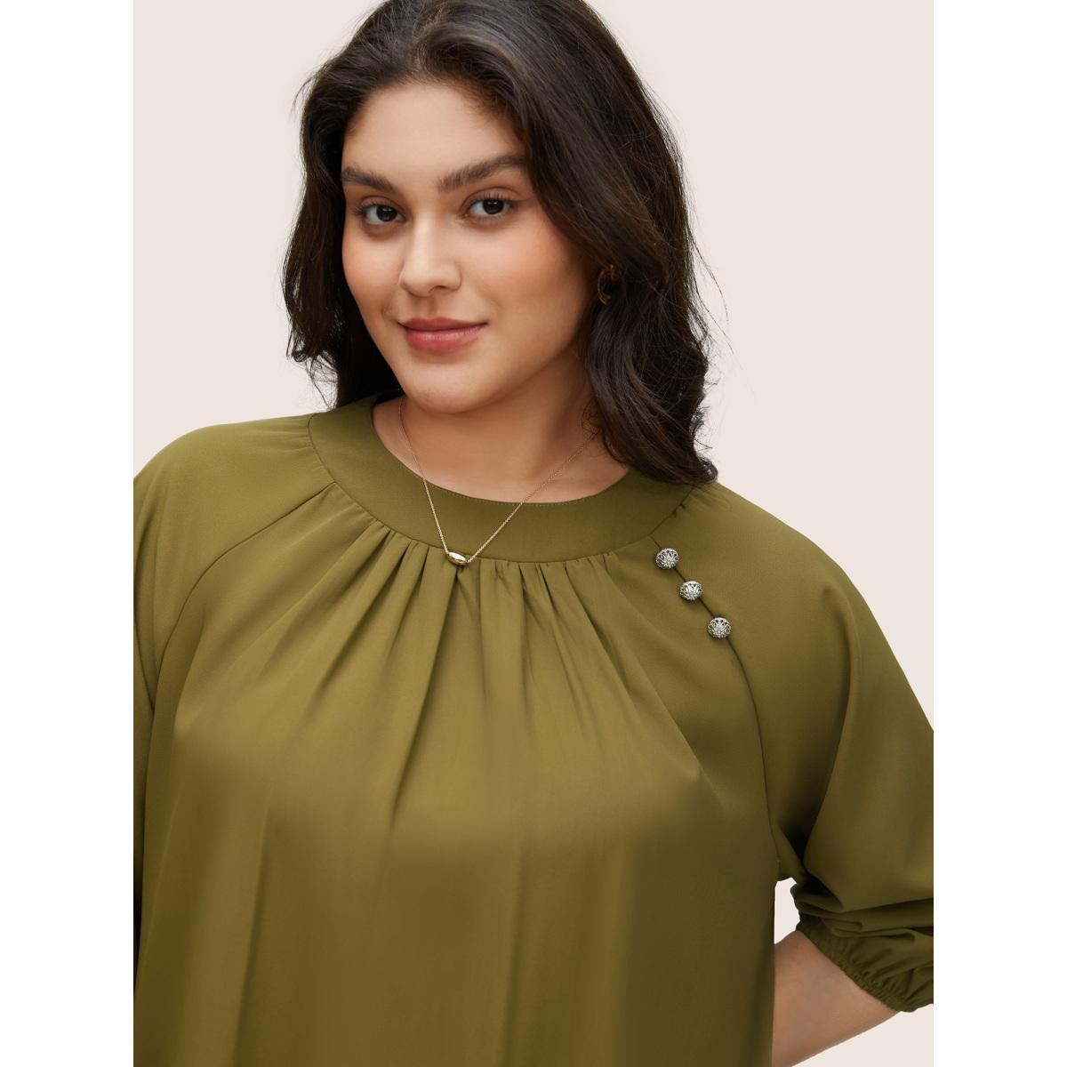 Plus Size ArmyGreen Static-Free Plain Gathered Button Detail Blouse Women At the Office Elbow-length sleeve Round Neck Work Blouses BloomChic 28/5X Product Image
