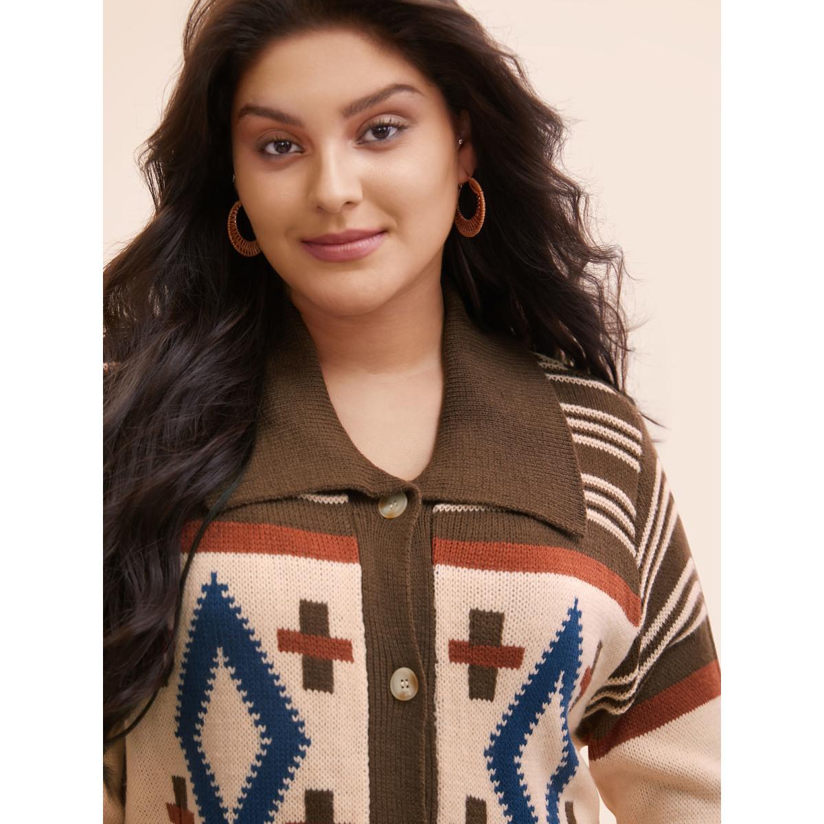 Plus Size Geometric Pattern Collared Front Button Cardigan Multicolor Women Casual Loose Long Sleeve Everyday Cardigans BloomChic 18-20/2X Product Image