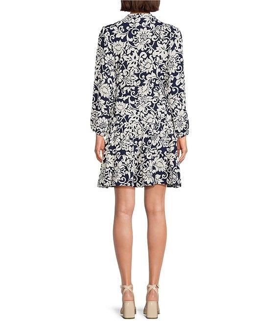 Leslie Fay Long Sleeve V-Neck Floral Print Tiered Fit and Flare Dress Product Image