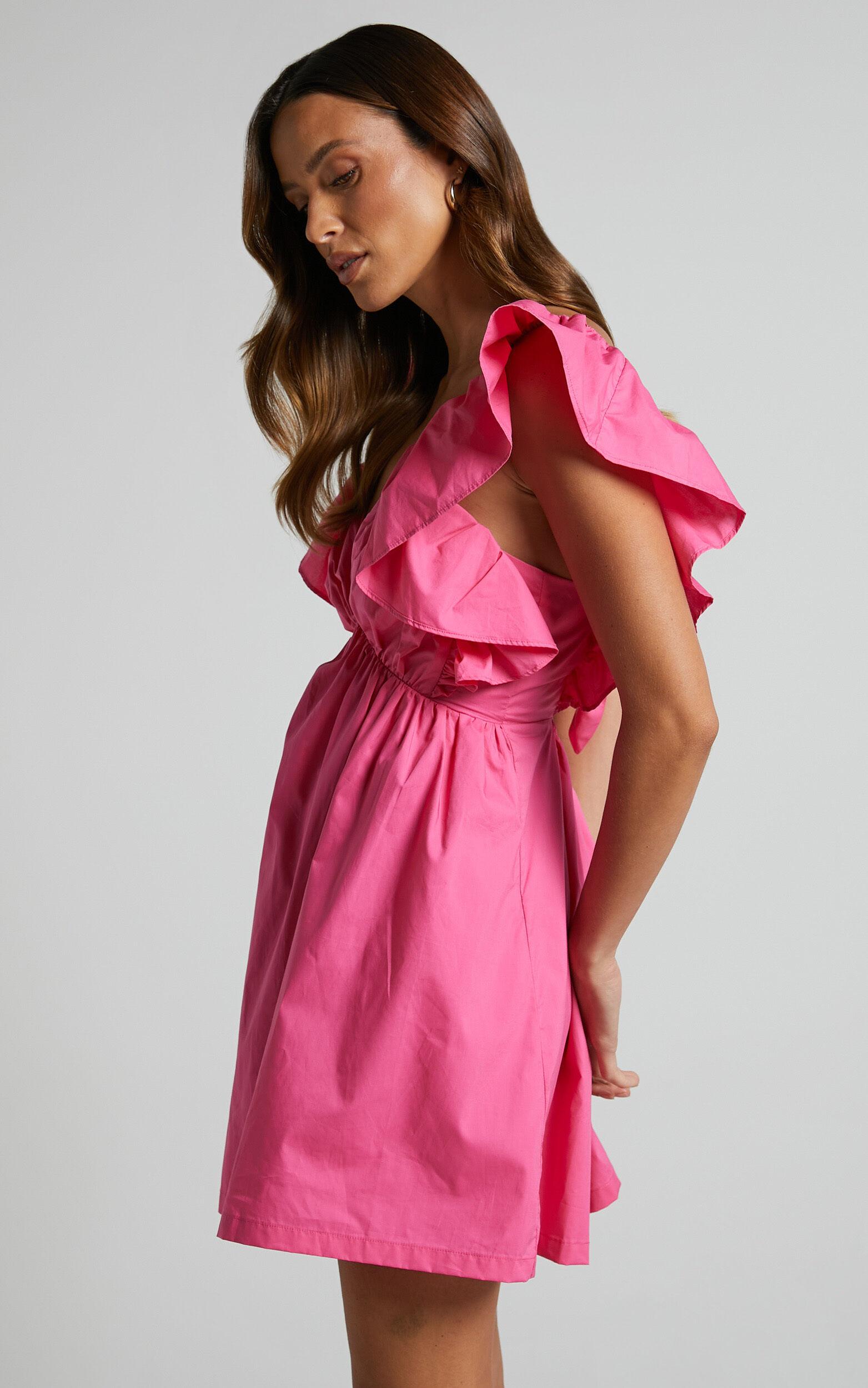 Raiza Mini Dress - Ruffle Sleeve Tie Back Plunge Dress in Fuchsia Product Image