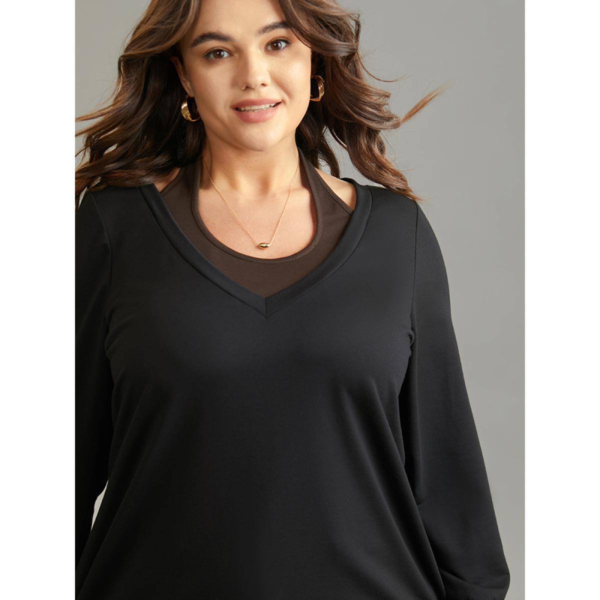 Plus Size Halter 2-In-1 Patchwork Sweatshirt Women Black Casual Plain Halter neck Everyday Sweatshirts BloomChic 18-20/2X Product Image
