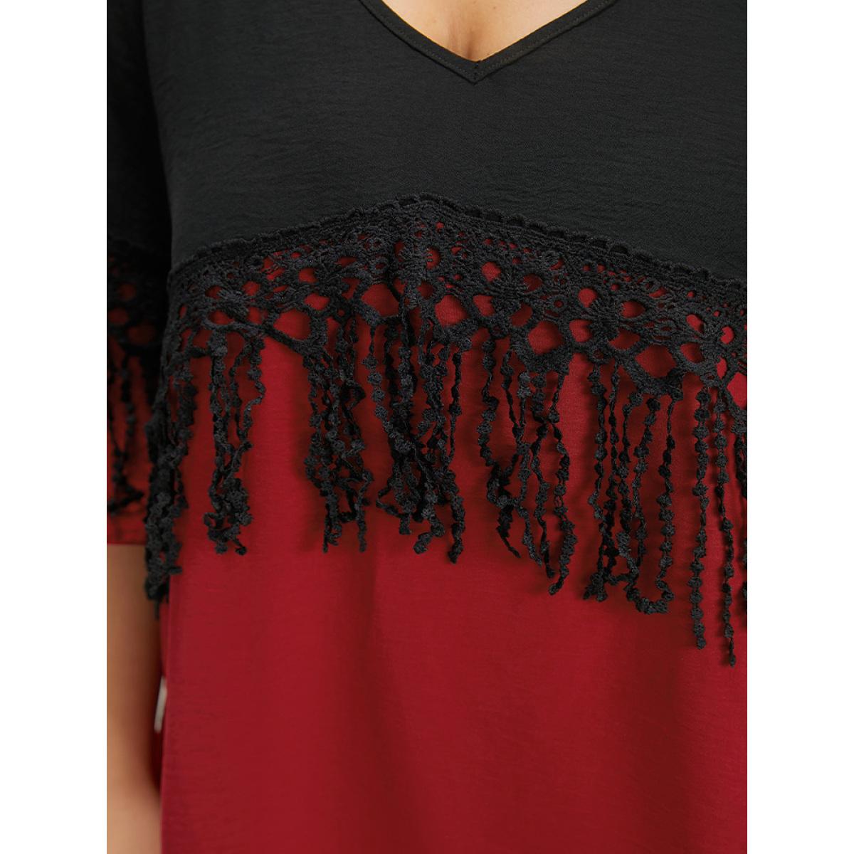 Plus Size Black Halloween Two Tone Fringe Trim Patchwork Blouse Women Elegant Short sleeve V-neck Festival-Halloween Blouses BloomChic 22-24/3X Product Image