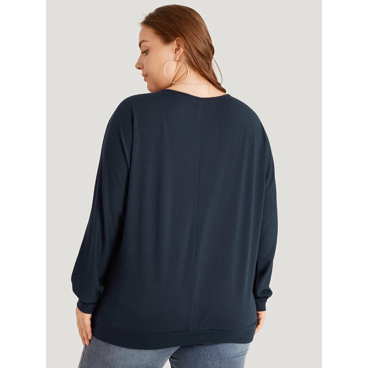 Plus Size Plain Zipper Half Elastic Cuffs Batwing Sleeve Sweatshirt Women Indigo Casual Elastic cuffs V-neck Dailywear Sweatshirts BloomChic 26/4X Product Image