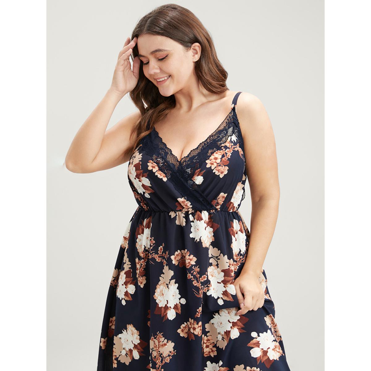 Plus Size Floral Wrap Lace Trim Cami Night Dress Women DarkBlue Elegant Floral Elastic Waist V-neck Loungewear BloomChic 30/6X Product Image