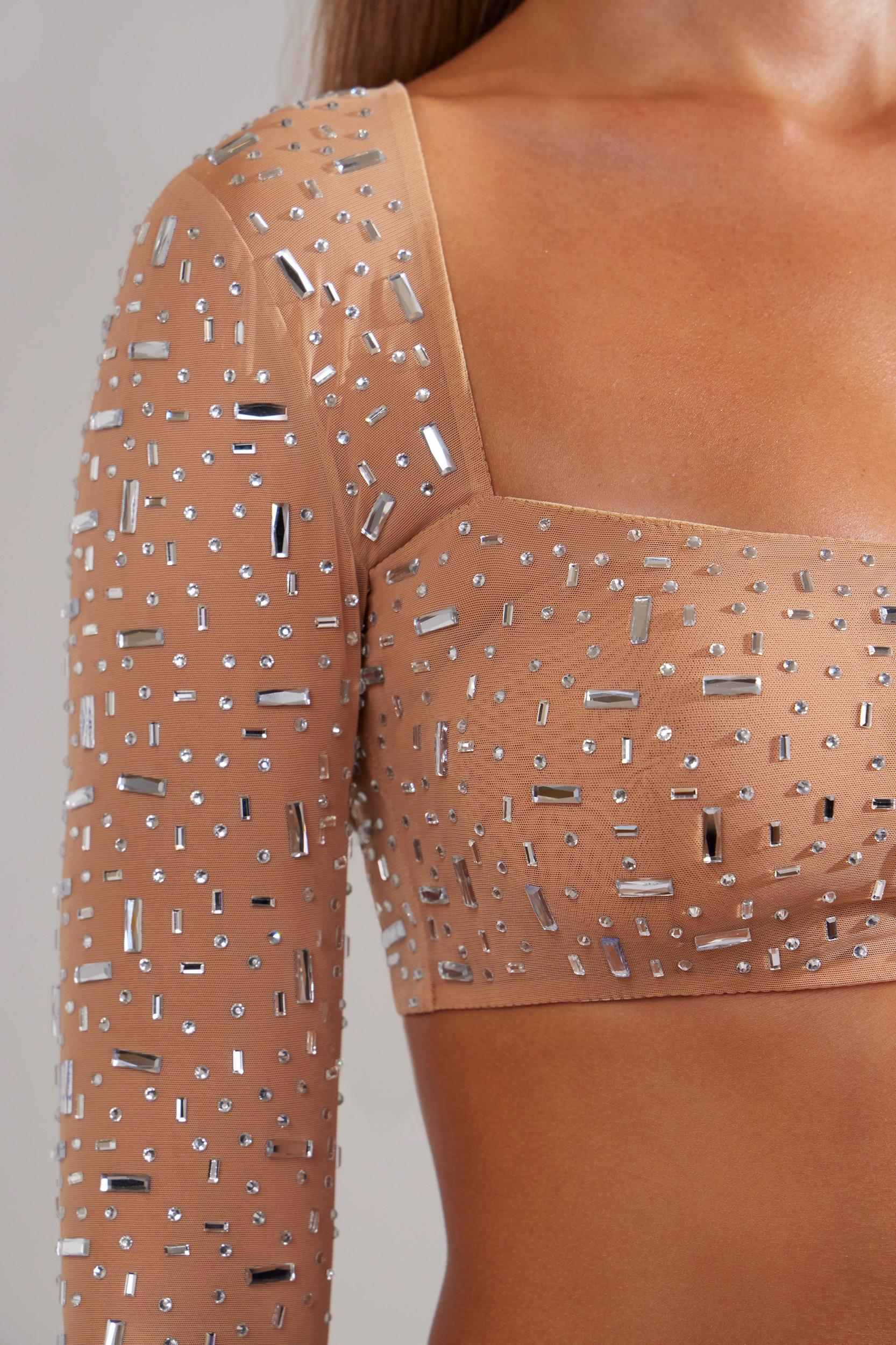 Sheer Embellished Long Sleeve Crop Top in Almond Product Image