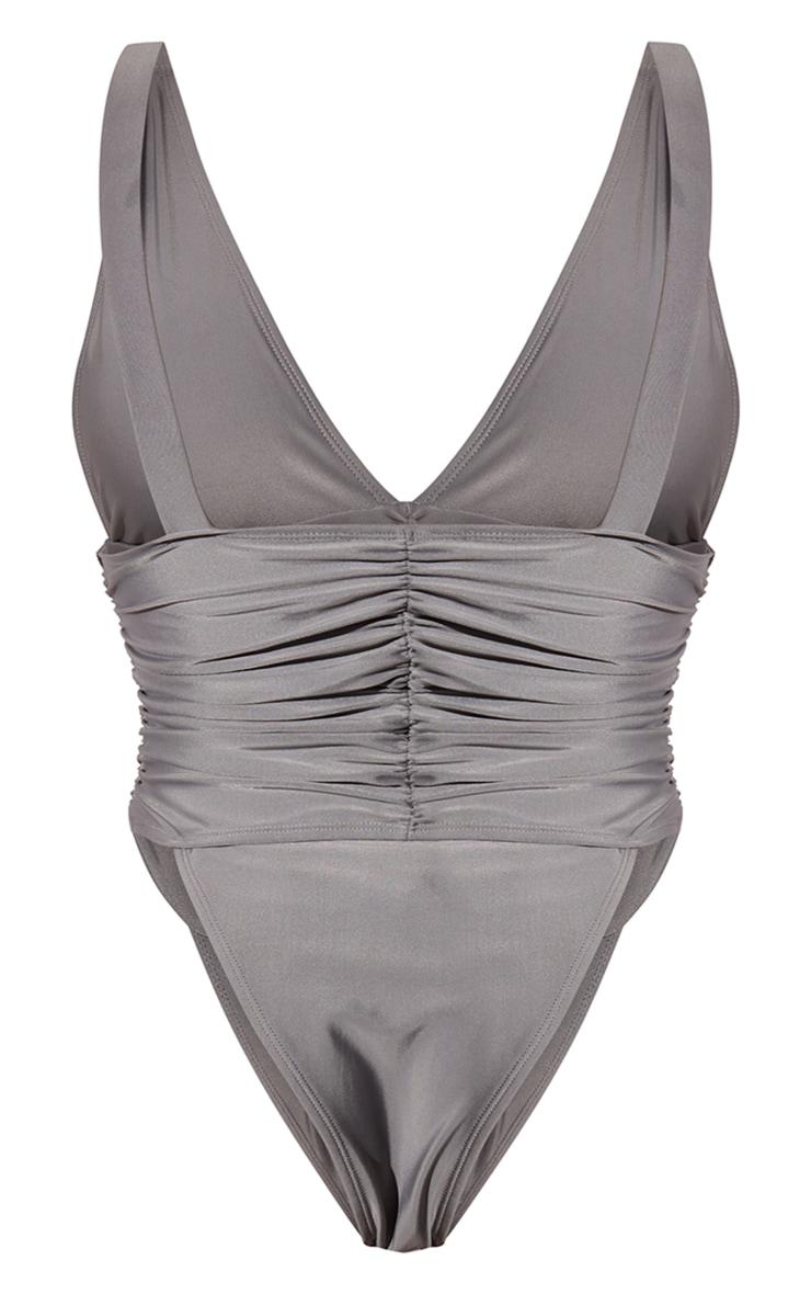 Grey Ruched Waist High Leg Plunge Swimsuit Product Image