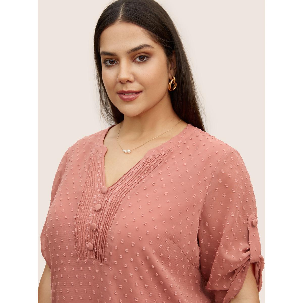 Plus Size DustyPink Chiffon Plain Textured Pleated Tab Sleeve Blouse Women At the Office Elbow-length sleeve Shirt collar Work Blouses BloomChic 14-16/1X Product Image