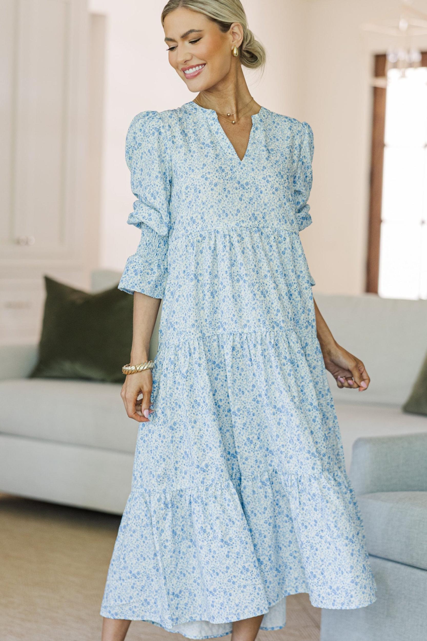 NURSING COLLECTION: What A Surprise Blue Ditsy Floral Tiered Midi Dress Female Product Image
