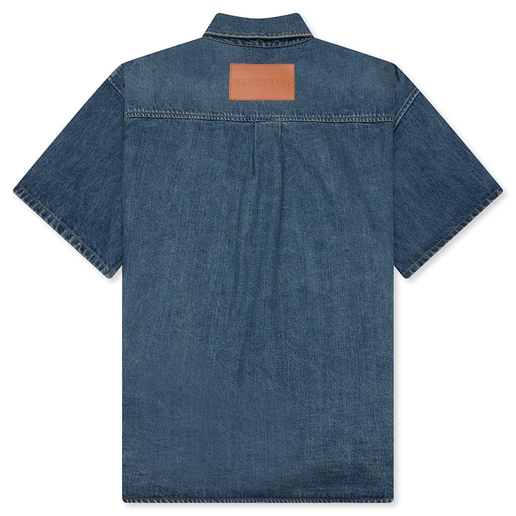 Washed and Bleached Raw Denim Shirt - Blue Male Product Image