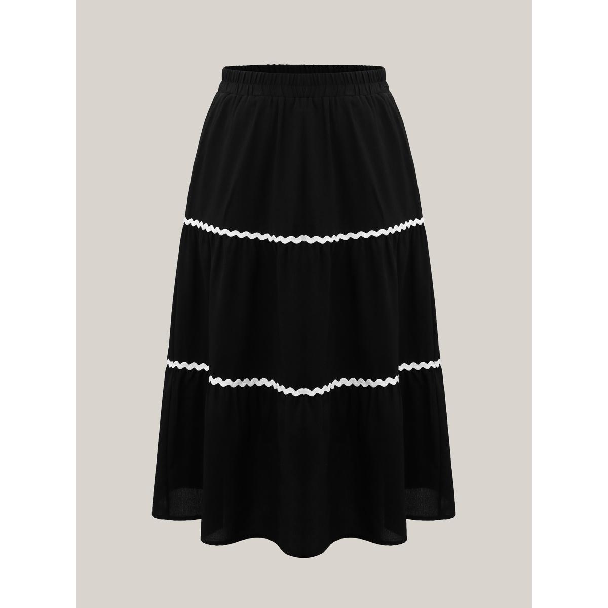 Plus Size Wavy Lace Trim Tiered Maxi Skirt Women Black No stretch Side seam pocket Everyday-Elegant Skirts BloomChic 14-16/1X Product Image