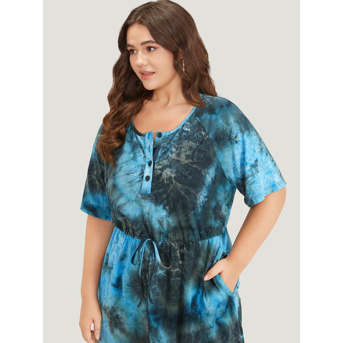 Plus Size Multicolor Tie Dye Button Up Ties Raglan Sleeve Jumpsuit Women Casual Short sleeve Round Neck Dailywear Loose Jumpsuits BloomChic 18-20/2X Product Image