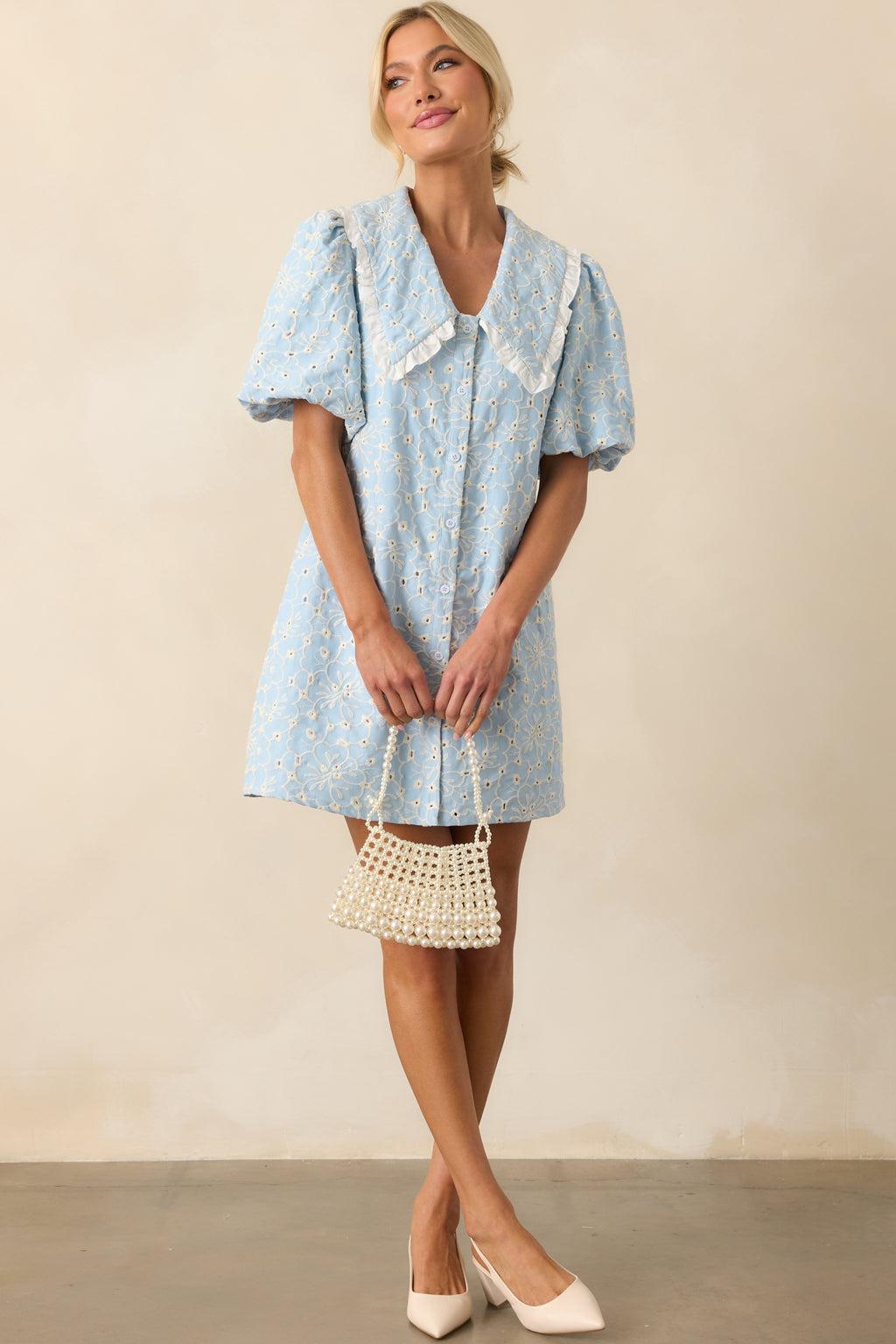 Kind Of Everything Light Blue Cotton Embroidered Eyelet Mini Dress Product Image