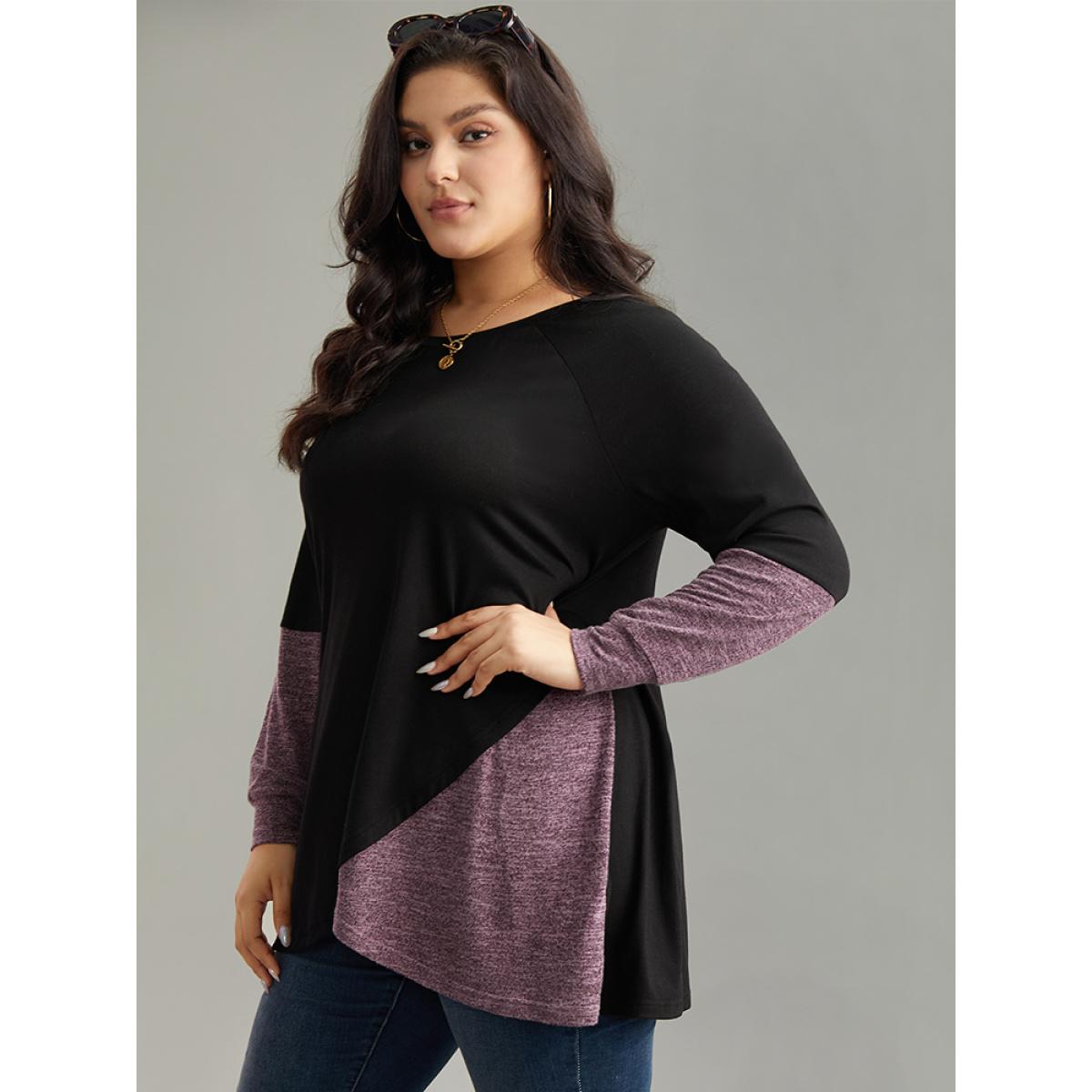 Plus Size Two Tone Patchwork Heather Arc Hem T-shirt Black Women Casual Contrast Plain Round Neck Dailywear T-shirts BloomChic 28/5X Product Image