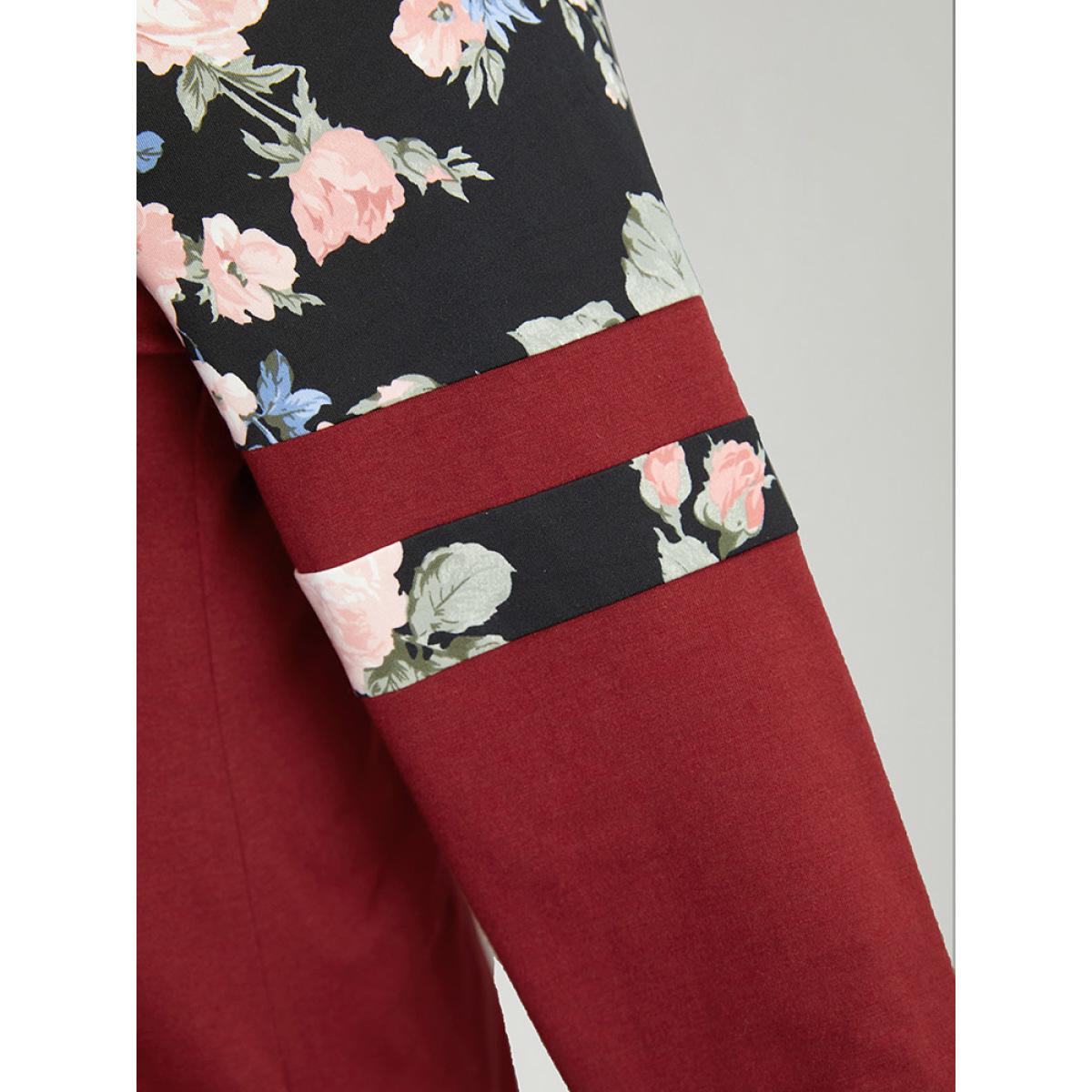 Plus Size Floral Print Patchwork Raglan Sleeve T-shirt Red Women Casual Contrast Floral Round Neck Festival-Christmas T-shirts BloomChic 14-16/1X Product Image