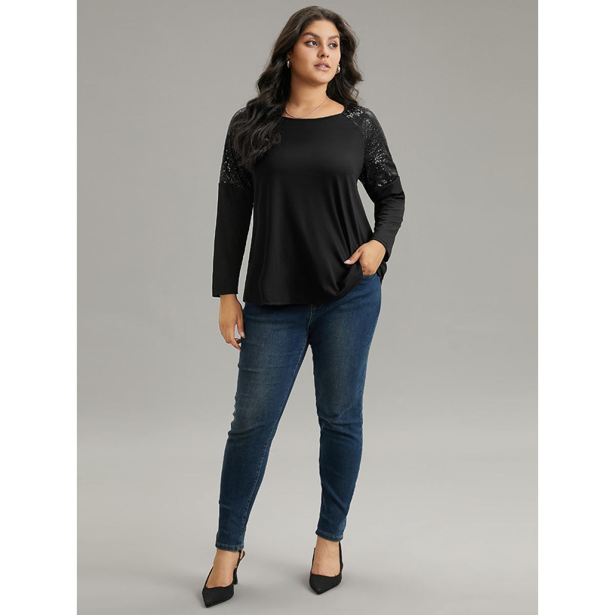 Plus Size Sequin Patchwork Raglan Sleeve T-shirt Black Women Elegant Sequin Galaxy Round Neck Dailywear T-shirts BloomChic 14-16/1X Product Image