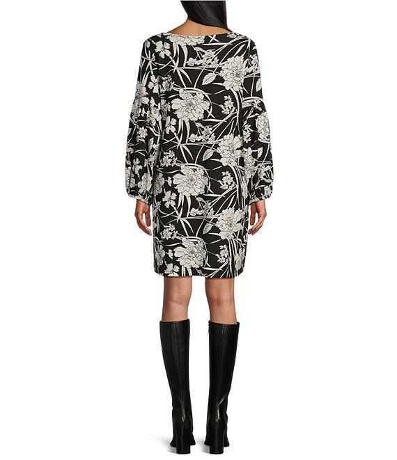 Bryn Walker Modal Ponti Floral Print Round Neck Long Sleeve Lantern Dress Product Image