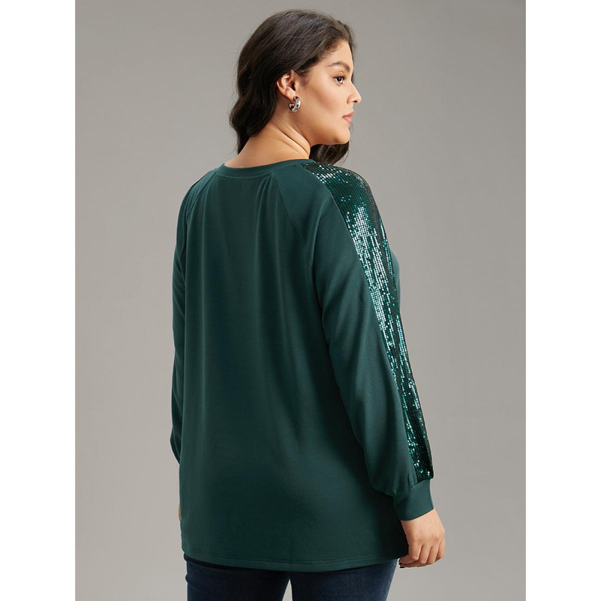 Plus Size Solid Sequin Patchwork Raglan Sleeve Sweatshirt Women DarkGreen Elegant Elastic cuffs Round Neck Dailywear Sweatshirts BloomChic 26/4X Product Image