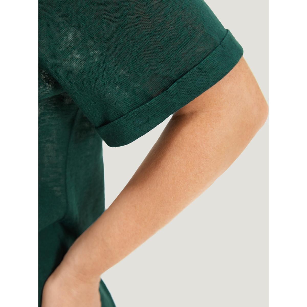 Plus Size Solid Keyhole Mesh Cuffed Sleeve T-shirt DarkGreen Women Casual See through Plain Keyhole Cut-Out Dailywear T-shirts BloomChic 26/4X Product Image