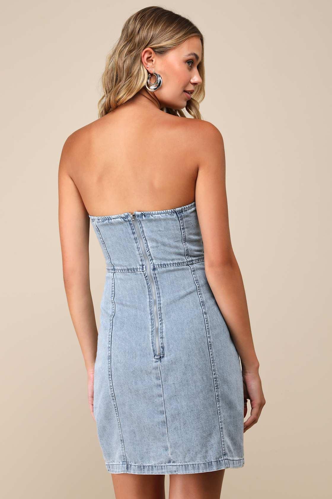 Trending Take Light Wash Denim Strapless Bustier Mini Dress Product Image