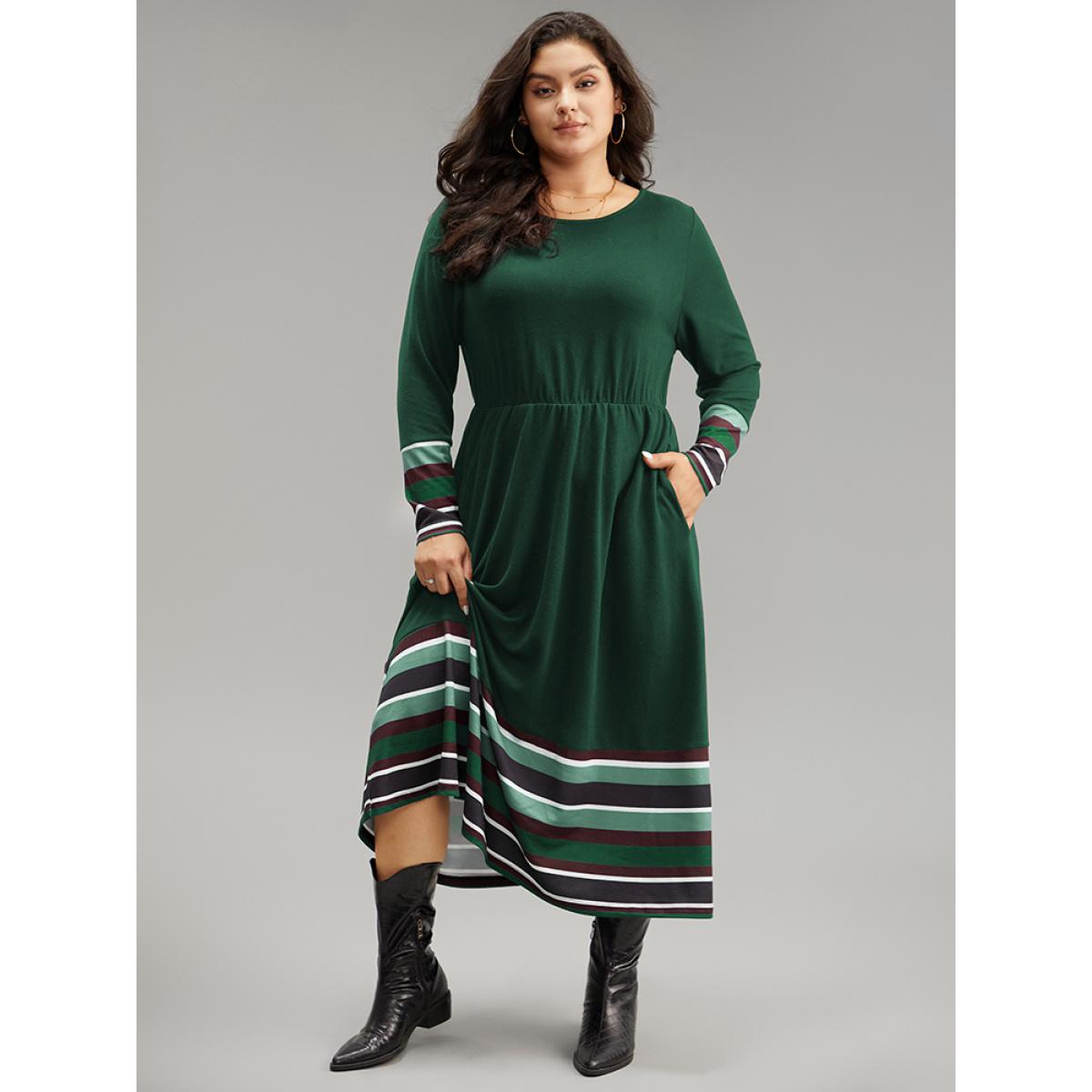 Plus Size Striped Patchwork Contrast Crew Neck Dress DarkGreen Women Casual Contrast Round Neck Long Sleeve Curvy Midi Dress BloomChic 12/L Product Image