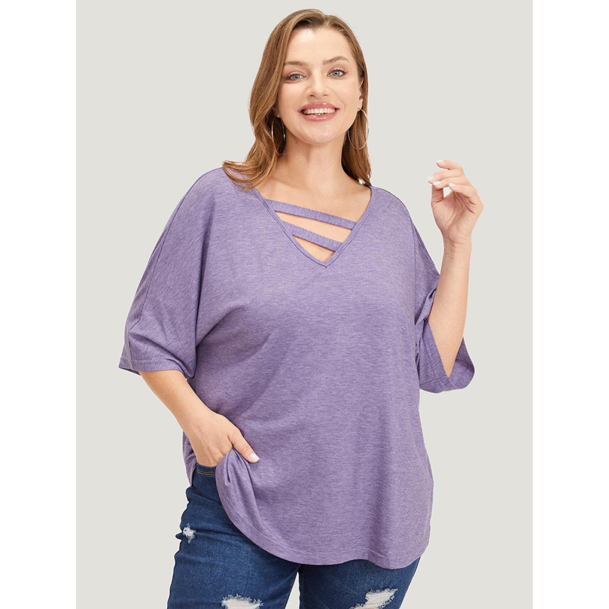 Plus Size Solid Heather Keyhole Neck Dolman Sleeve T-shirt Heather Women Casual Heather Plain V-neck Loose Dailywear T-shirts BloomChic 30/6X Product Image