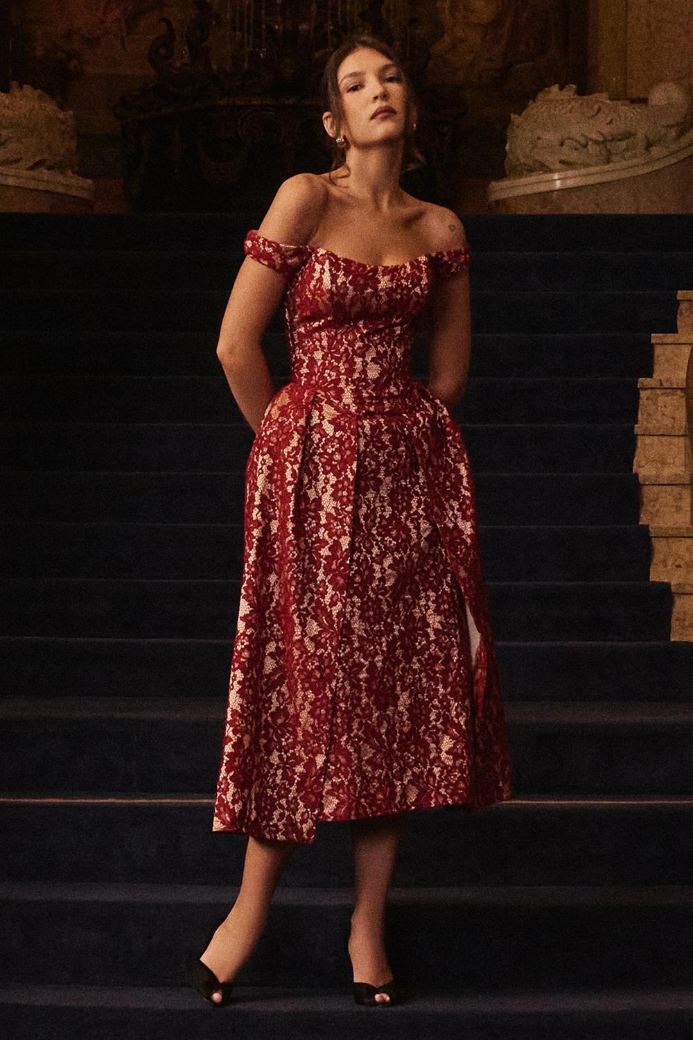 Charming  gold and berry lace midi off shoulder dress Product Image