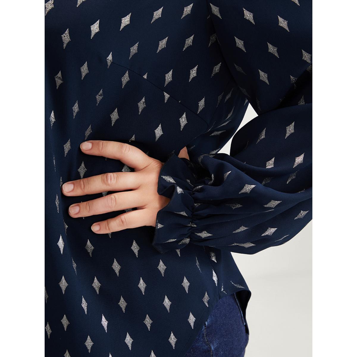 Plus Size Indigo Geometric Print Lantern Sleeve V Neck Blouse Women Party Long Sleeve V-neck Going out Blouses BloomChic 12/L Product Image