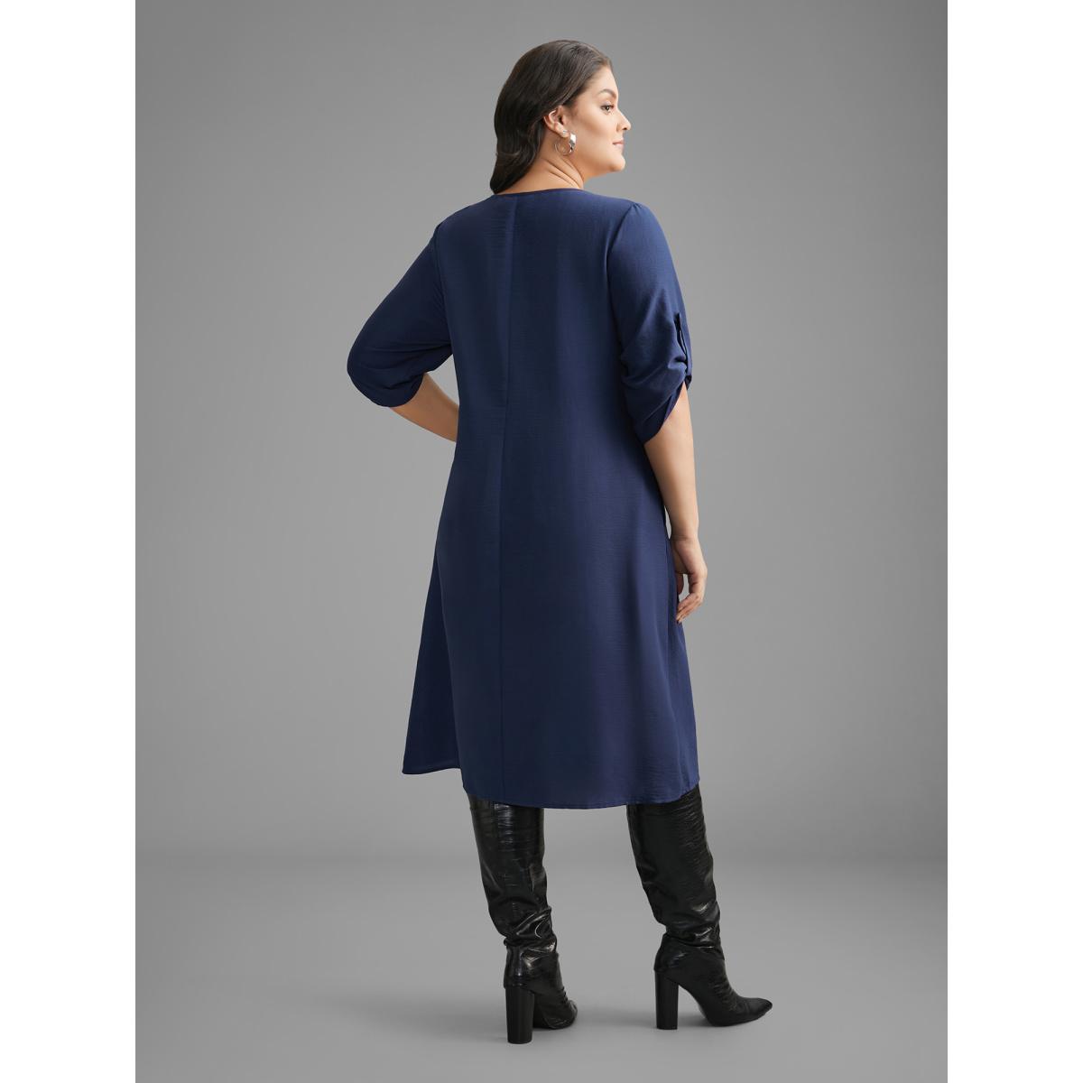 Plus Size Solid Half Zip Tab Sleeve Dress Navy Women At the Office Non V-neck Elbow-length sleeve Curvy BloomChic 12/L Product Image